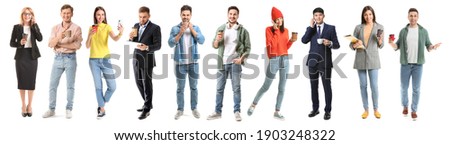 Different people with cups of coffee on white background
