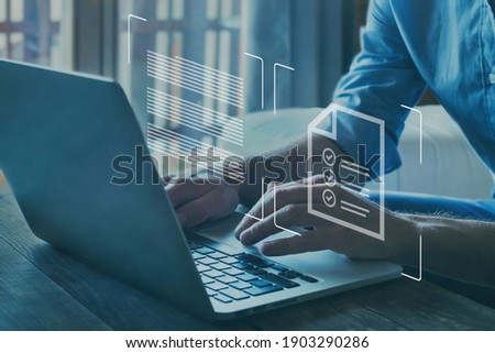 Concept of compliance rules and law regulation policy on virtual screen. Royalty-Free Stock Photo #1903290286