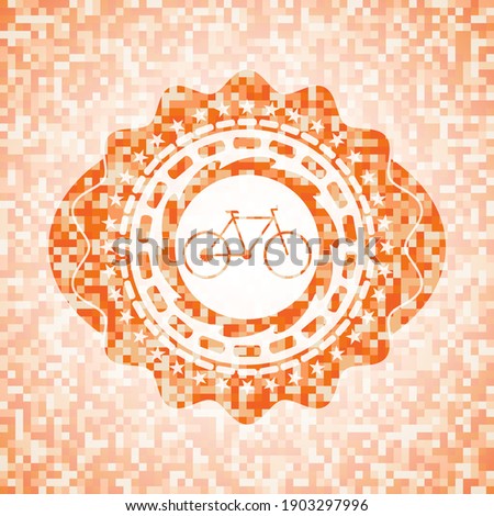bike icon inside abstract orange mosaic emblem. 