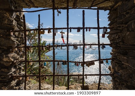 Love padlocks in iron lattice as symbol and expression of eternal romance, couple, and love relationship with seascape background. Monterosso al Mare, in Cinque Terre, Italy 
