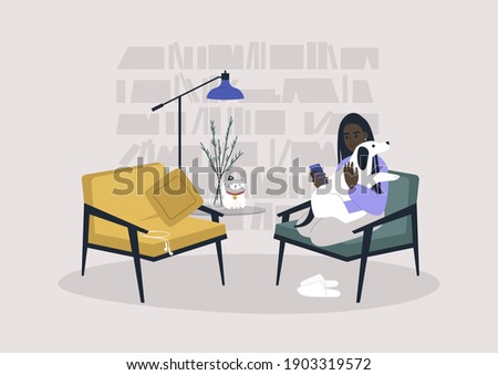 Young female Black character sitting with a dog in a living room, cozy lockdown lifestyle, stay at home concept