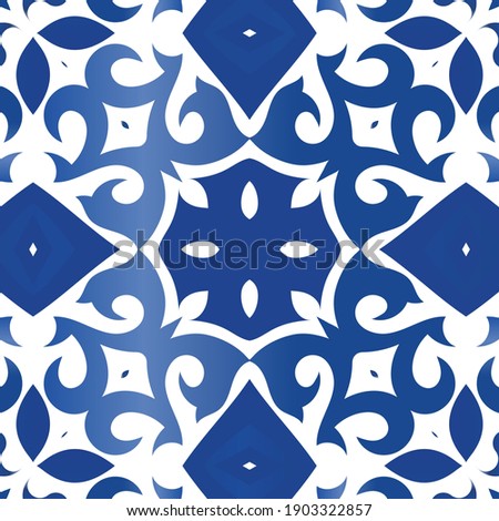 Ceramic tiles azulejo portugal. Vector seamless pattern watercolor. Geometric design. Blue ethnic background for T-shirts, scrapbooking, linens, smartphone cases or bags.