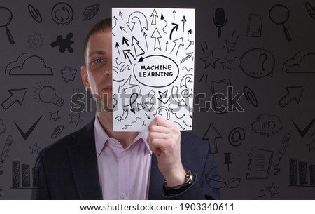 Business, Technology, Internet and network concept. Young businessman working on a virtual screen of the future and sees the inscription: Machine learning