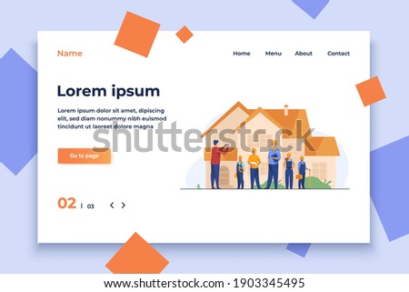 Builders team posing for photo in front of house. Worker, helmet, camera flat vector illustration. Construction or architecture concept for banner, website design or landing web page