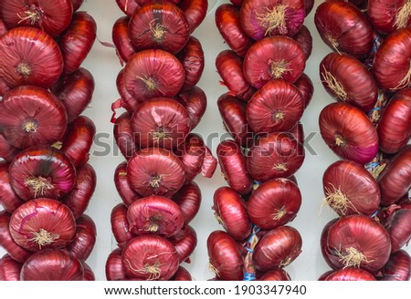 Dangling red onions bunches of heads, harvesting of vegetables, autumn harvest. Bundles of purple onions hanging in the market.Onion storage in russian style. Beautiful rural harvest fresh vegetables Royalty-Free Stock Photo #1903347940