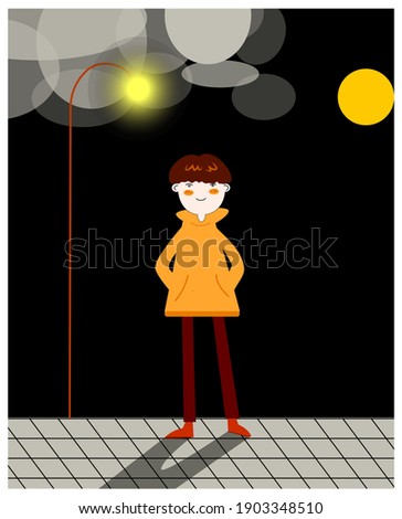 Boy standing under the moon vector illustration.