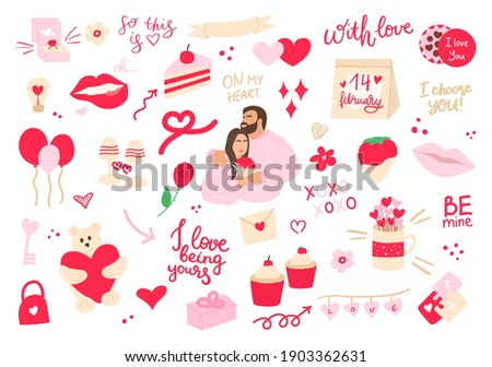 Valentines Day set with love elements. 14 february illustration