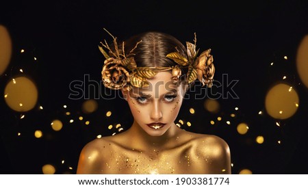Fantasy portrait closeup woman with golden skin, lips, body. Girl in glamour wreath gold roses, accessories jewellery, jewelry. Beautiful face, steel glitter makeup. Elf fairy princess. Fashion model