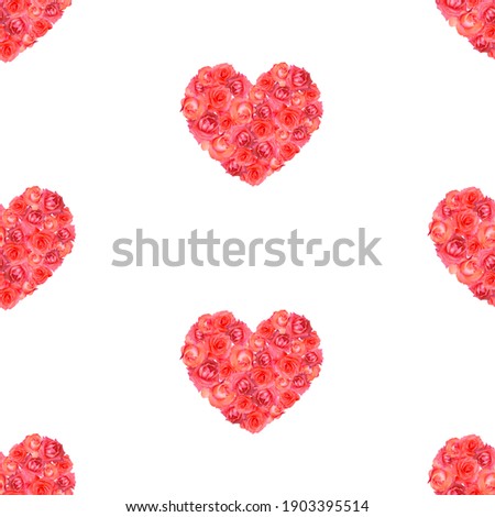 Background from valentines bouquets of red roses in the shape of hearts. Photo collage seamless pattern for festive design. 