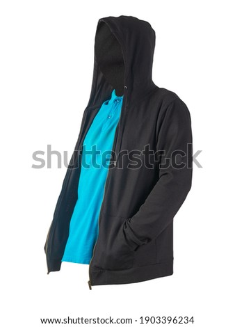 black sweatshirt with iron zipper hoodie and lue t-shirt   isolated on white background.sporty style