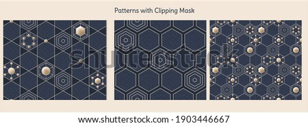 Set of hexagonal dark blue seamless patterns with various geometric gold elements. Hexagonal grid with elements in chaotic order. Vector, clipping mask.