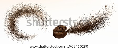 Explosion of coffee bean and powder isolated on white background. Vector realistic illustration of shredded roasted ground coffee and burst of arabica grain with splash of brown dust Royalty-Free Stock Photo #1903460290