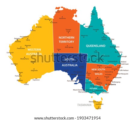 Australia vector map. High detailed illustration with borders and cities Royalty-Free Stock Photo #1903471954