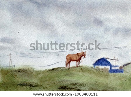 Study of Chernogorsk Countryside (Lonely Horse). Watercolor, paper. 2019