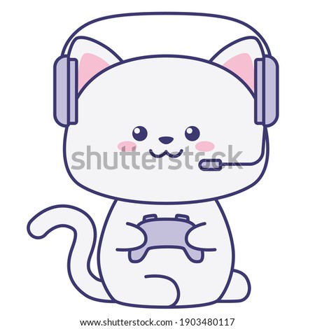 Cat with headphones holding a gamepad isolated on a white background. Flat design for poster or t-shirt. Vector illustration