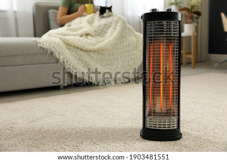 Woman with cat at home, focus on electric halogen heater, closeup Royalty-Free Stock Photo #1903481551