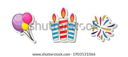 Birthday Party Sticker Collection Set Icon with Candles, Balloons and Fireworks. Vector Illustration