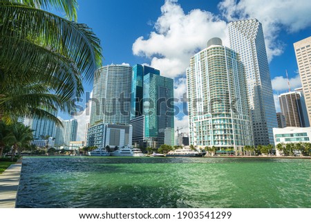 Downtown Miami view along Biscayne Bay from Brickell Key.