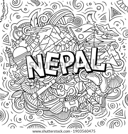 Nepal hand drawn cartoon doodles illustration. Funny travel design. Creative art vector background. Handwritten text with elements and objects. Line art composition