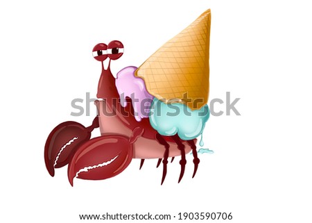 Grumpy hermit crab with ice cream cone on top of his back isolated on white background