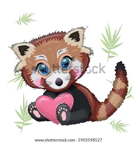 Red panda with heart, love and celebration concept, card for mother's day, valentine's day.