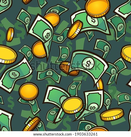 Seamless money pattern with golden coins and bills. Vector clip art illustration with simple gradients. Some elements on separate layers.
