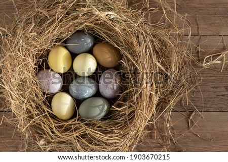 Easter composition - colorful Easter eggs painted with natural dyes in a nest of hay