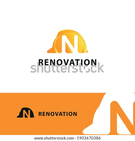 N Initial Letter and Hard Hat Protection Helmet. Safety Logo concept. Construction and Contractor building logo design