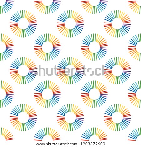 Seamless pattern with circle rainbow from colored wooden ice cream sticks on white. Multicolored abstract round sun
