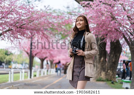 young woman traveler looking cherry blossoms or sakura flower blooming and holding camera to take a photo in the park
