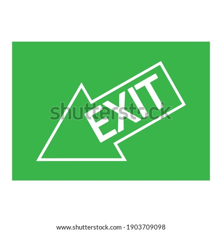 A man running at the door. Down arrow to the left labeled EXIT. Green evacuation sign. A pointer to escape. Stock image. EPS 10.