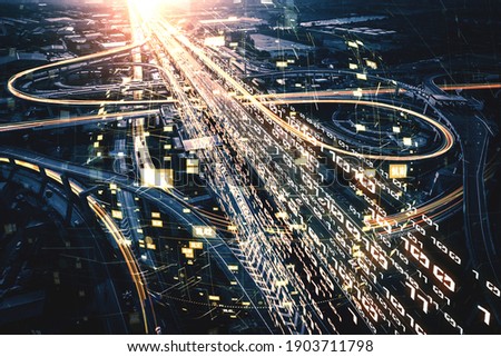 Futuristic road transportation technology with digital data transfer graphic showing concept of traffic big data analytic and internet of things .