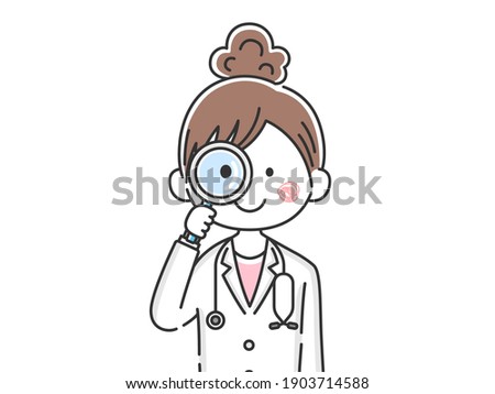 Illustration of a Japanese female doctor looking through a magnifying glass.