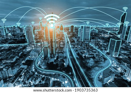 Network communication connect wifi icons with cityscape.