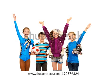 Group of children, fond of different sports, standing together and smiling. Isolated over white.