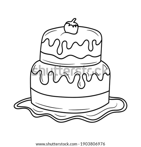 Birthday Cake Line art black and white vector illustration, linear style pictogram, isolated on white background