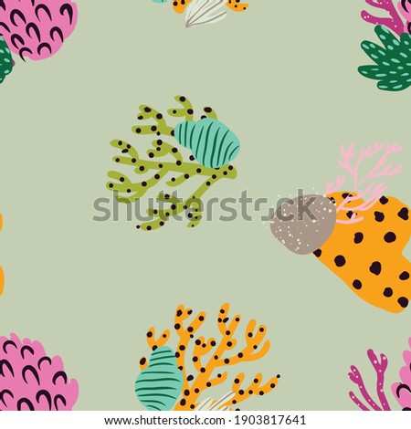 Seamless pattern with corals branches and sea plants. Algae, flowers. Print marine nature. Underwater floral background.