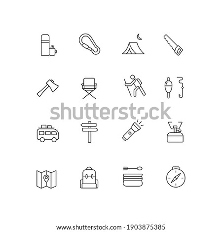 Camping, hiking simple thin line icon set vector illustration