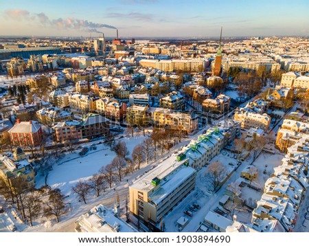 Aerial view of Helsinki at Winter. sky and clouds and colorful buildings. Helsinki, Finland.
