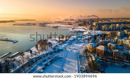 Aerial view of Helsinki at Winter. sky and clouds and colorful buildings. Helsinki, Finland.
