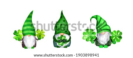 Set of St Patrick day gnomes in striped and decorated hats with four leaves clovers - luck symbols. Watercolor green scandinavian dwarfs collection, bundle in celtic, irish style