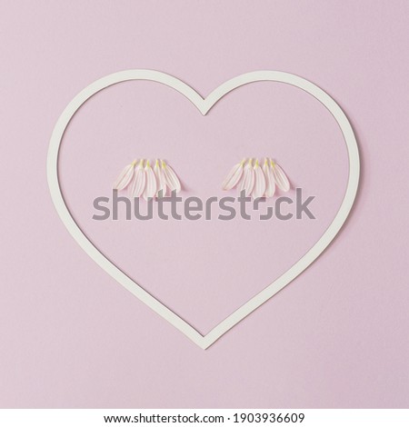 Heart shape copy space with pink daisy flower petals as eyelashes. Valentines or woman's day background design. Minimal flat lay nature.
