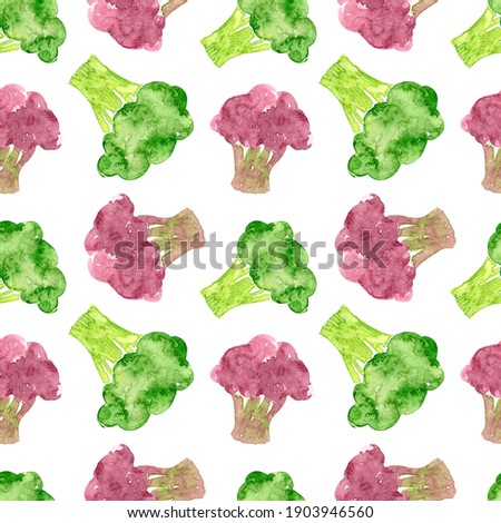 Seamless pattern with watercolor broccoli. Cabbage. Background with vegetables. Farm and vegetable garden.