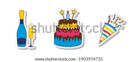 Birthday Party Sticker Collection Set with Cake, Clapperboard, and bottle,  glass of champagne. Vector Illustration