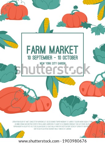 Vector poster of Farm Market concept. Agribusiness, making local organic food, farming and crop production. Illustration of event announcement banner design with agricultural plants, vegetables