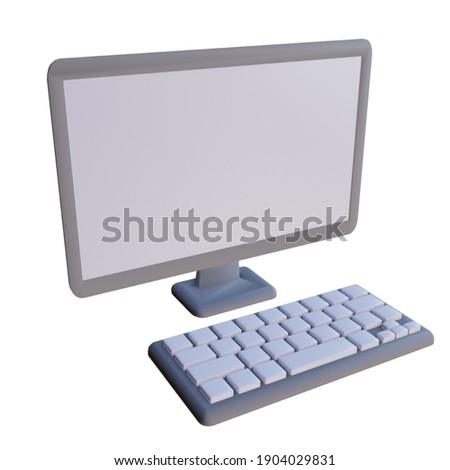 Keyboard and monitor 3D cartoon isolated on white background