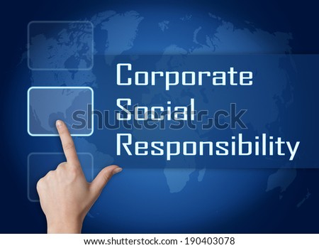 Corporate Social Responsibility concept with interface and world map on blue background
