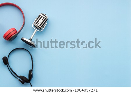 Recording with professional headphones and microphone, top view