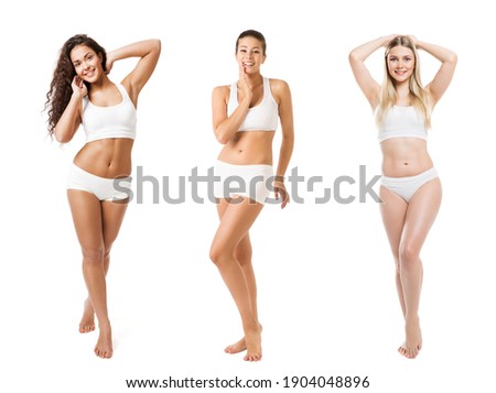 Group of Beauty Women different Body Size Weight Type Skin Color Tan. Diverse Ethnic. Body Positive. Isolated White