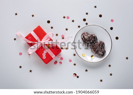 Flat lay Happy Valentine's Day romantic photography on natural background. Cute romantic greeting card template. 